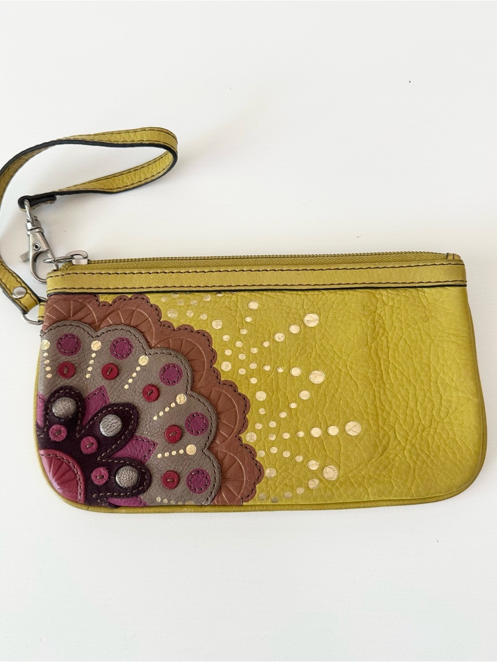 Fossil Chartreuse Leather Wristlet Clutch Applique Boho